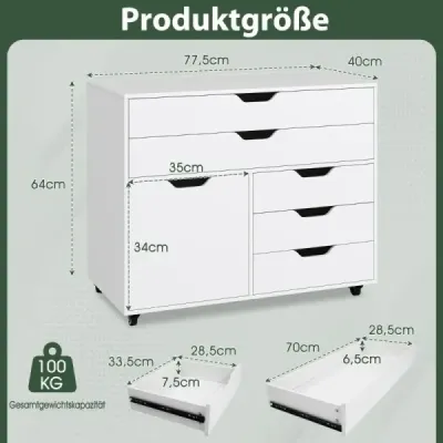 Containerul de rulare cu 5 sertare Cabinet mobil alb cu role și ușă