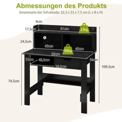 Birou cu prize Tabel mic calculator cu atașament 95 x 56 x 99,5 cm Negru