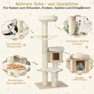 174 cm Cat Tree Lemn masiv 4-Etagen Cat Tower Natura