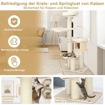 174 cm Cat Tree Lemn masiv 4-Etagen Cat Tower Natura