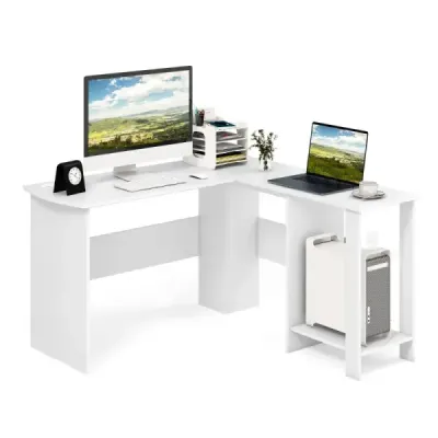 Birou L cu 2 găuri de cablu și compartimente de depozitare birou colț 130 x 130 x 74 cm Alb