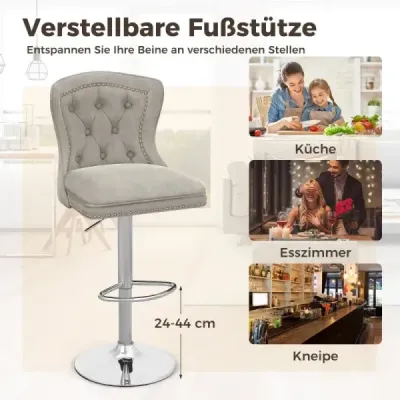 2 set bar scaune bar scaun 67-87cm înălțime reglabil de gri catifea