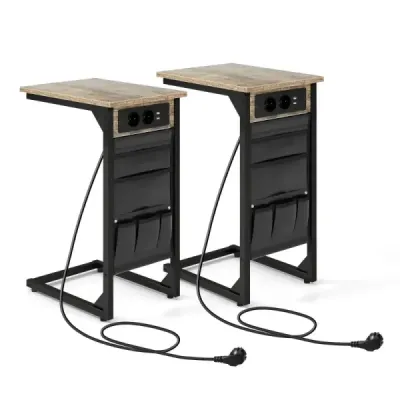 2 set tabel lateral în formă de C cu stație de încărcare & porturi USB și masă de noapte buzunar lateral