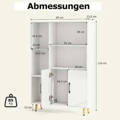 Librărie albă cu uşi şi compartimente deschise 80 x 23,5 x 119 cm