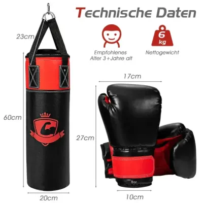 Set sac de box cu 8 oz Mănuși bucle de mână Sac de box pentru copii și adulți negru + roșu