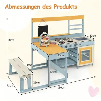 Matschkitchen cu masa de picnic & banca Bucataria pentru copii Tannenholz cu accesorii de desert Bucatarie preparate gri