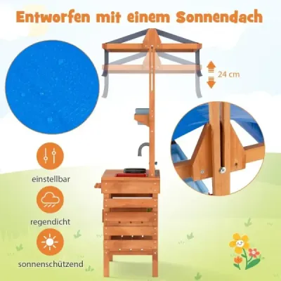 Matschkitchen pentru Kidner Bucataria pentru copii Lemn cu inaltime reglabila acoperis soare 77 x 52 x 135 cm