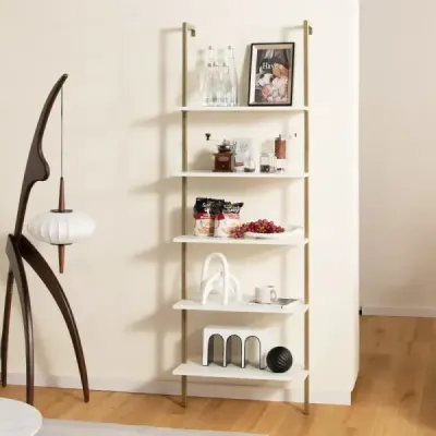 5 etaje scara rack perete cu cadru de oțel 60 x 30 x 180 cm alb & aur