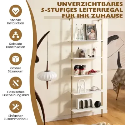 5 etaje scara rack perete cu cadru de oțel 60 x 30 x 180 cm alb & aur