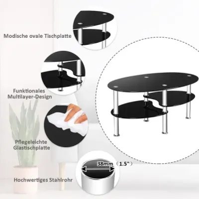3 nivele masă de sticlă cu design oval moderne trei etape raft negru
