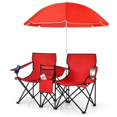 2-Sitzer Scaun de camping cu scaun de pescuit pliabil umbrela cu sac de transport Red