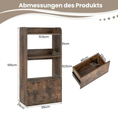 Bookcase cu sertar Stand raft cu 2 compartimente Raft de birou din lemn 55 x 29 x 105 cm Rustic Brown