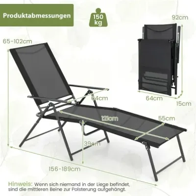 2 a stabilit lounger soare canapea de grădină pliabil cu backrest reglabil negru