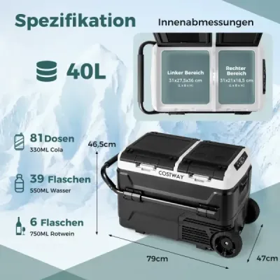 12V frigider automat cu 2 zone de răcire 40L congelator portabil cu compresor (-20°C~20°C)