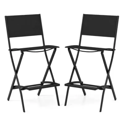 2 Setați în aer liber Bar Stool Scaune pliabile bar cu backrest și Footrest negru