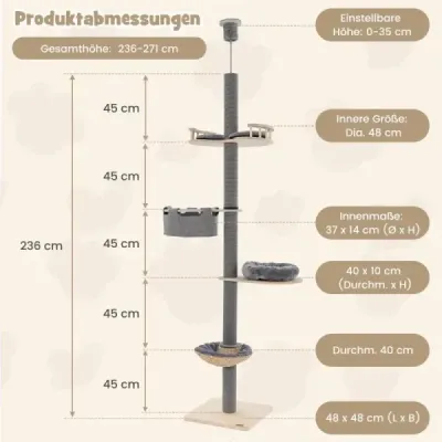 Scratch acoperă mare 236-271 cm de la podea la tavan Mobilier pisică lemn gri