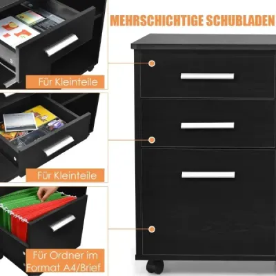 Caz cu 3 sertare Dulap mobil pe roți 81 x 41 x 66 cm Negru