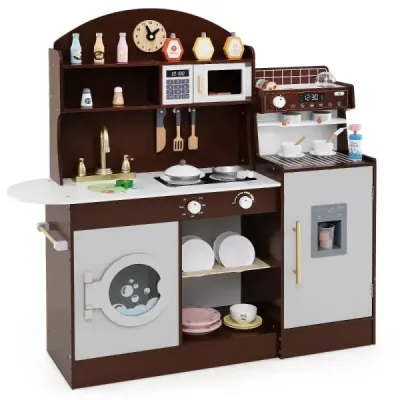 bucatarie pentru copii cu 27 accesorii Joacă bucatarie Lemn cu ceas Microwave Brown