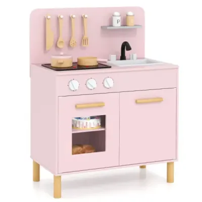 Bucătărie pentru copii din lemn cu 10 accesorii Joacă Bucătărie cu Light & Sound Toy Kitchen Roz