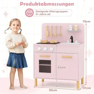 Bucătărie pentru copii din lemn cu 10 accesorii Joacă Bucătărie cu Light & Sound Toy Kitchen Roz