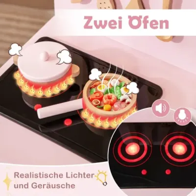 Bucătărie pentru copii din lemn cu 10 accesorii Joacă Bucătărie cu Light & Sound Toy Kitchen Roz