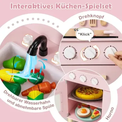 Bucătărie pentru copii din lemn cu 10 accesorii Joacă Bucătărie cu Light & Sound Toy Kitchen Roz