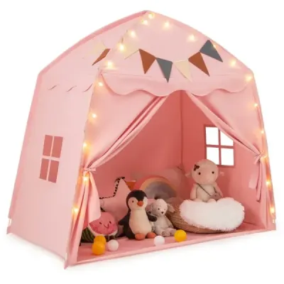 Playhouse Copii interior Cort pentru copii cu steaguri si lanturi de lumina Printesa Joaca Cort roz