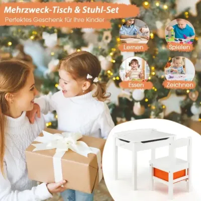 Masa pentru copii + scaun în lemn masiv cu partea de sus a mesei pliante & sertar & cârlig alb
