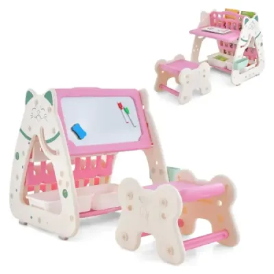 3 din 1 grup de scaune pentru copii & tabel & raft cu 3 cutii de depozitare & scaun Rosa