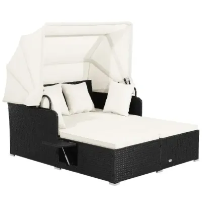 2 persoane Rattan soare lounger cu baldachin retractabil & tavă pliabilă & perne