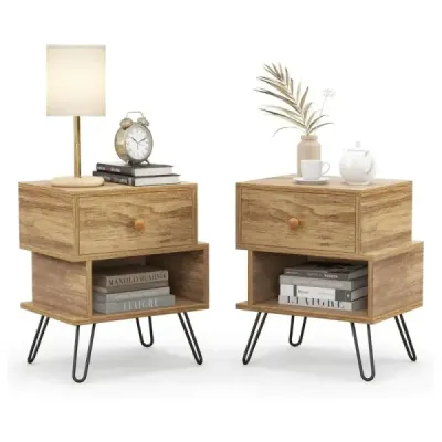 2 set noptieră masă cu sertar detașabil & Compartiment deschis Mid-Century Modern canapea tabel