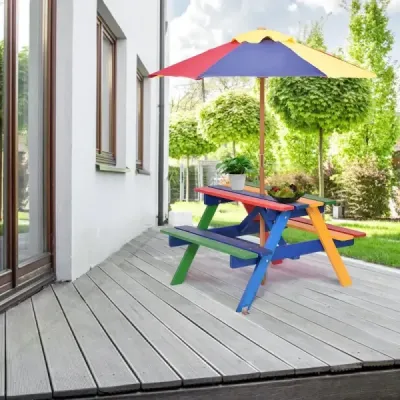 Set scaune pentru copii Set scaune din lemn Set gradina Masa pentru copii cu umbrela & 2 banci pentru exterior