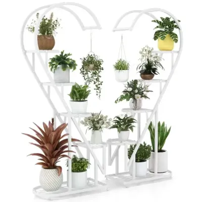 Stand de plante de 5 etape metal în formă de inimă raft de flori cu cârlig 71 x 30,5 x 148 cm Alb