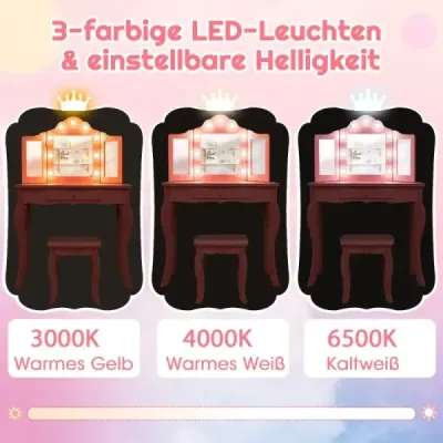 2 din 1 Copii Machiaj tabel cu lumini LED & oglindă pliabilă & sertare Alb
