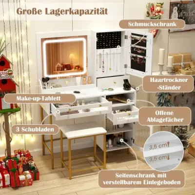 Machiaj tabel cu iluminat LED & stație de încărcare & 3 sertare Dulap de bijuterii