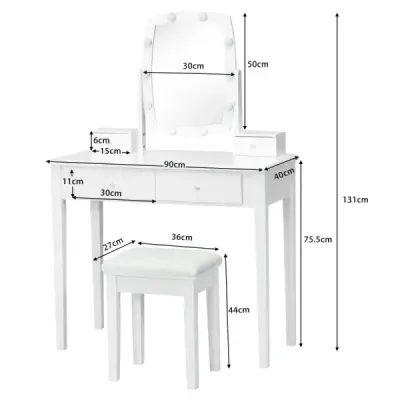 Machiaj tabel cu scaun & 360° oglinda rotativa & 10 becuri reglabile reglabile dimmable Alb