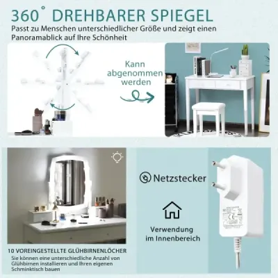 Machiaj tabel cu scaun & 360° oglinda rotativa & 10 becuri reglabile reglabile dimmable Alb