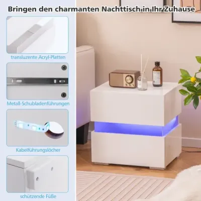 Masa de noapte 2 set LED cutie de noapte luciu mare noapte dulap noapte dresser cu 2 sertare Alb