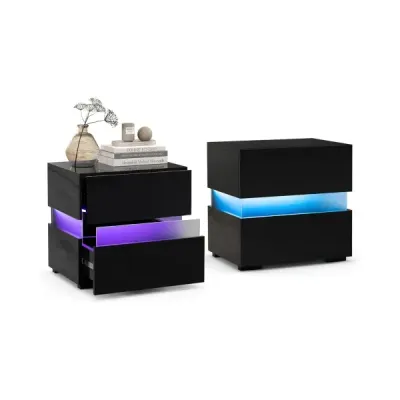 Masa de noapte 2 set LED cutie de noapte luciu mare noapte dulap noapte dresser cu 2 sertare Negru