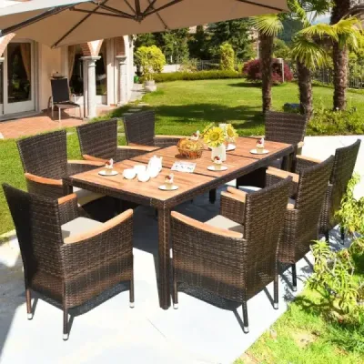 9 piese Rattan Terrace Dining Set pentru 8 persoane cu top de masă și perne detașabile
