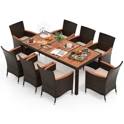 9 piese Rattan Terrace Dining Set pentru 8 persoane cu top de masă și perne detașabile