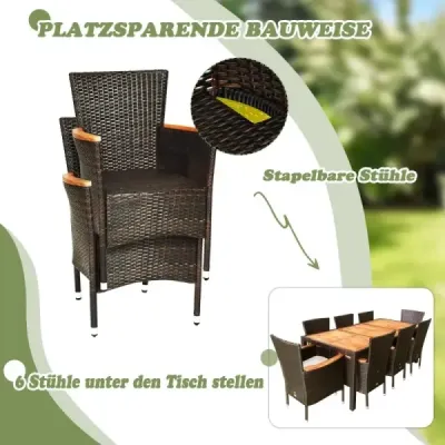9 piese Rattan Terrace Dining Set pentru 8 persoane cu top de masă și perne detașabile