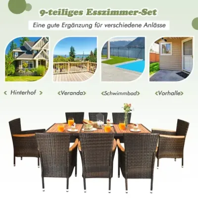 9 piese Rattan Terrace Dining Set pentru 8 persoane cu top de masă și perne detașabile