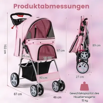 Dog Car cu Net Window & Beverage Holder & Trailer Animale de companie Buggy până la 15 kg Rosa