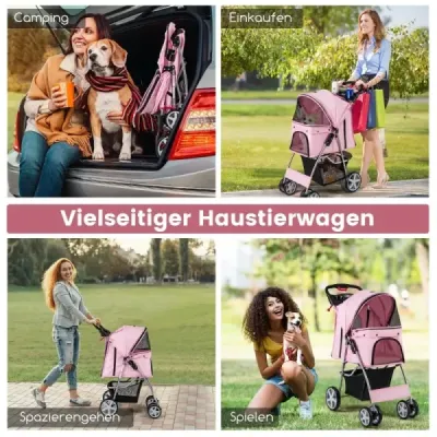 Dog Car cu Net Window & Beverage Holder & Trailer Animale de companie Buggy până la 15 kg Rosa