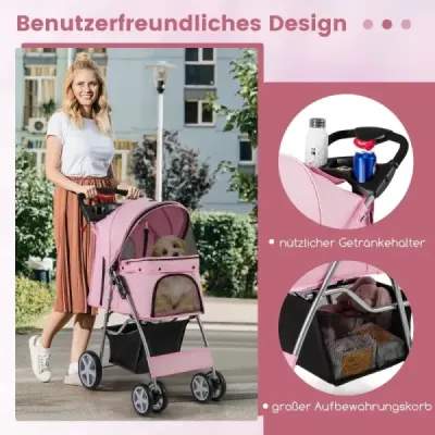 Dog Car cu Net Window & Beverage Holder & Trailer Animale de companie Buggy până la 15 kg Rosa