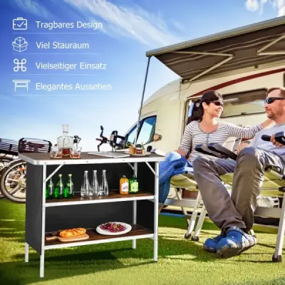 Masa de camping pliabil din aluminiu cu rafturi cu 2 etaje Cafenea