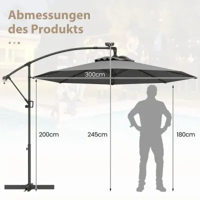 300 cm Parasol cu 32 LED-uri solare Lumini & Crank Garden Ecranul de piață Gray
