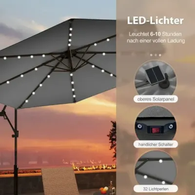 300 cm Parasol cu 32 LED-uri solare Lumini & Crank Garden Ecranul de piață Gray