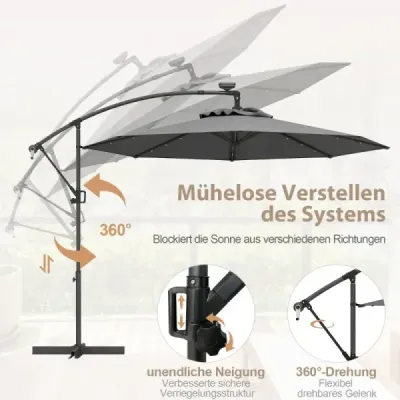 300 cm Parasol cu 32 LED-uri solare Lumini & Crank Garden Ecranul de piață Gray